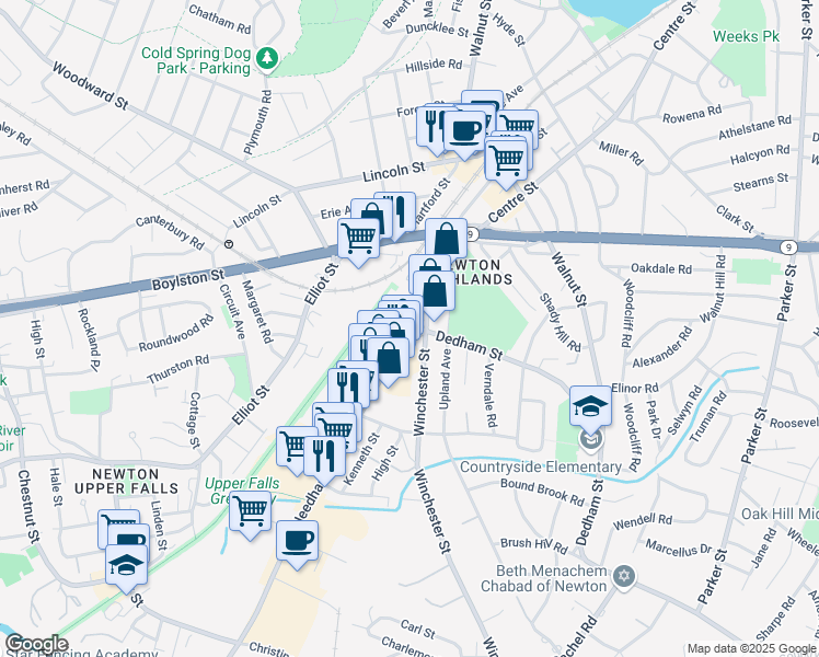 map of restaurants, bars, coffee shops, grocery stores, and more near 9 Needham Street in Newton