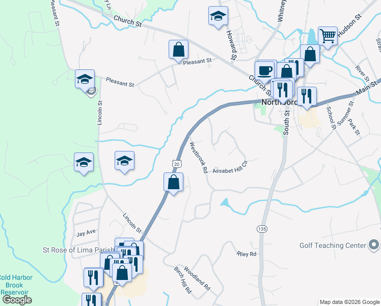 map of restaurants, bars, coffee shops, grocery stores, and more near 14 Westbrook Road in Northborough