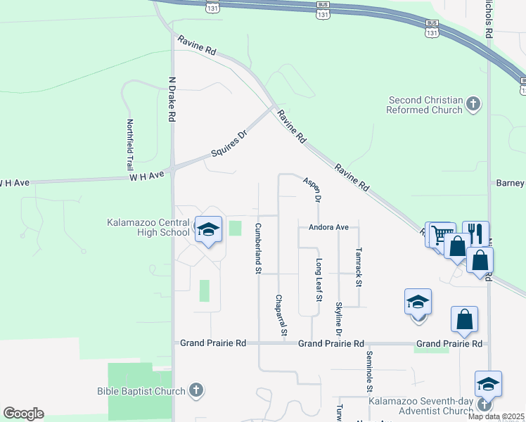map of restaurants, bars, coffee shops, grocery stores, and more near 2528 Cumberland Street in Kalamazoo
