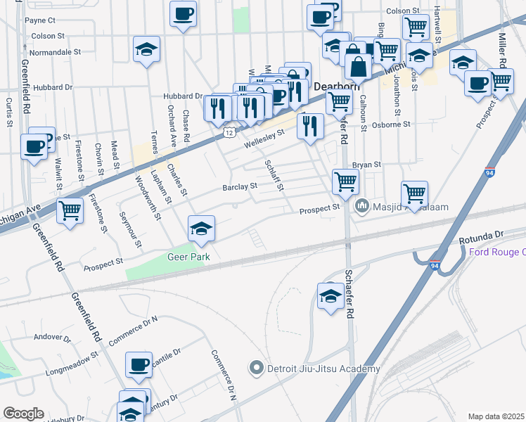 map of restaurants, bars, coffee shops, grocery stores, and more near 14500 Prospect Street in Dearborn