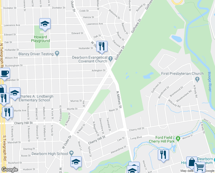 map of restaurants, bars, coffee shops, grocery stores, and more near 654 Kensington Street in Dearborn