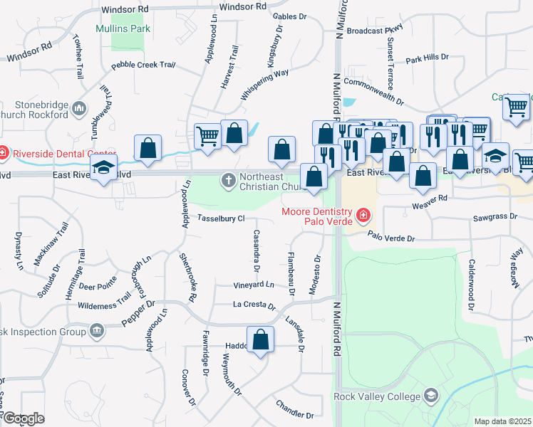 map of restaurants, bars, coffee shops, grocery stores, and more near 5792 Tasselbury Close in Rockford