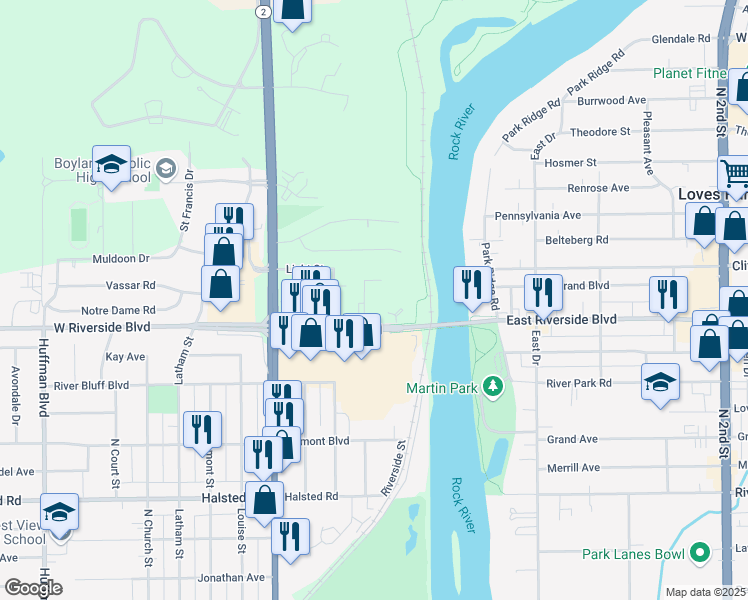 map of restaurants, bars, coffee shops, grocery stores, and more near 3795 Trilling Avenue in Rockford