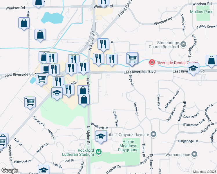 map of restaurants, bars, coffee shops, grocery stores, and more near 6978 Hiatt Drive in Rockford