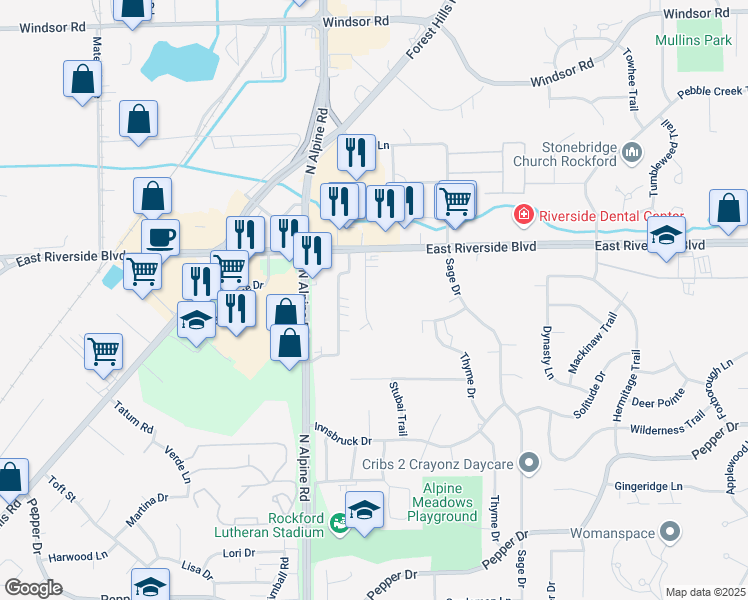 map of restaurants, bars, coffee shops, grocery stores, and more near 6978 Hiatt Drive in Rockford