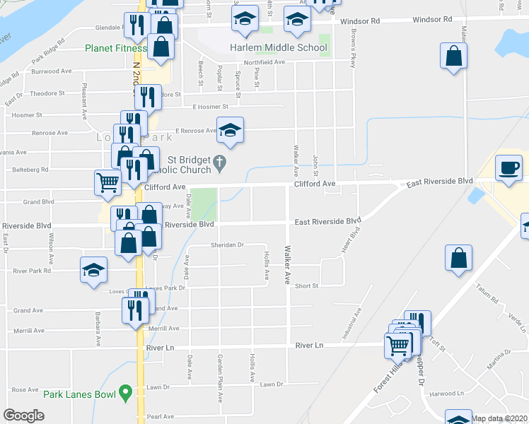 map of restaurants, bars, coffee shops, grocery stores, and more near 820 East Riverside Boulevard in Loves Park