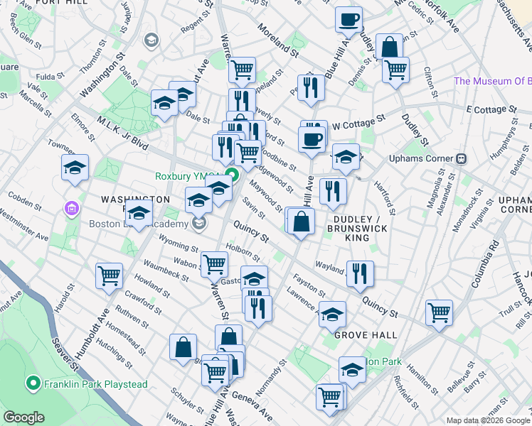 map of restaurants, bars, coffee shops, grocery stores, and more near 30 Savin Street in Roxbury