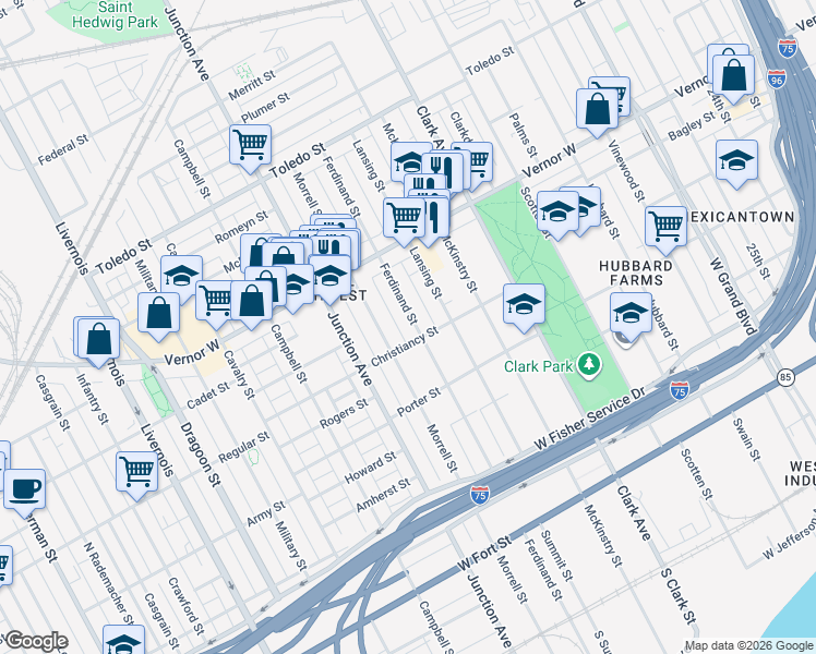 map of restaurants, bars, coffee shops, grocery stores, and more near 1525 Ferdinand Street in Detroit