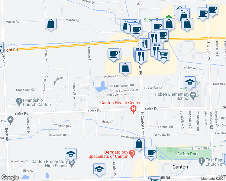 map of restaurants, bars, coffee shops, grocery stores, and more near 1315 Waterside Road in Canton