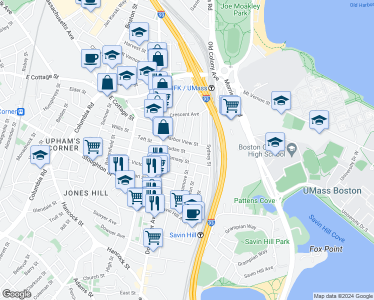 map of restaurants, bars, coffee shops, grocery stores, and more near 35 Sudan Street in Boston