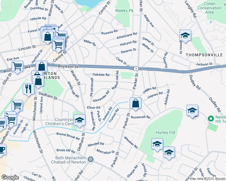 map of restaurants, bars, coffee shops, grocery stores, and more near 68 Walnut Hill Road in Newton