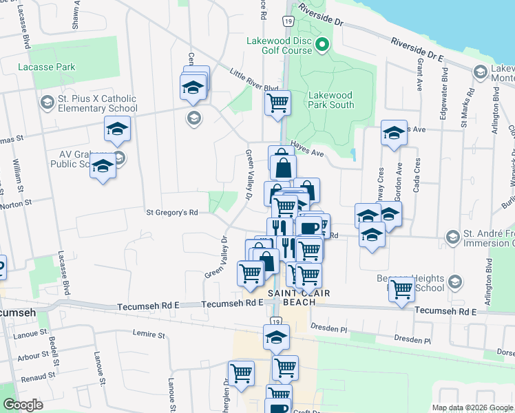 map of restaurants, bars, coffee shops, grocery stores, and more near 630 Brunelle Crescent in Windsor