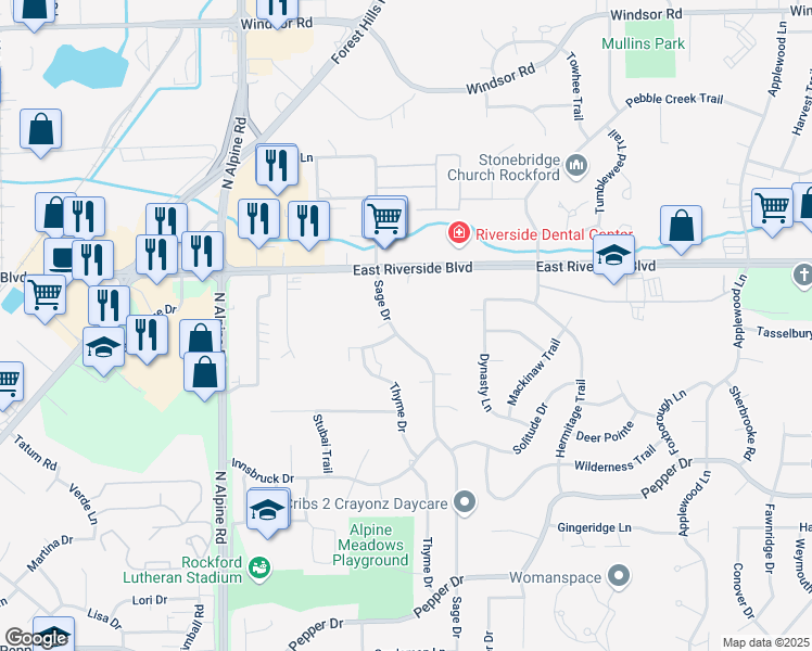 map of restaurants, bars, coffee shops, grocery stores, and more near 3901 Sage Drive in Rockford