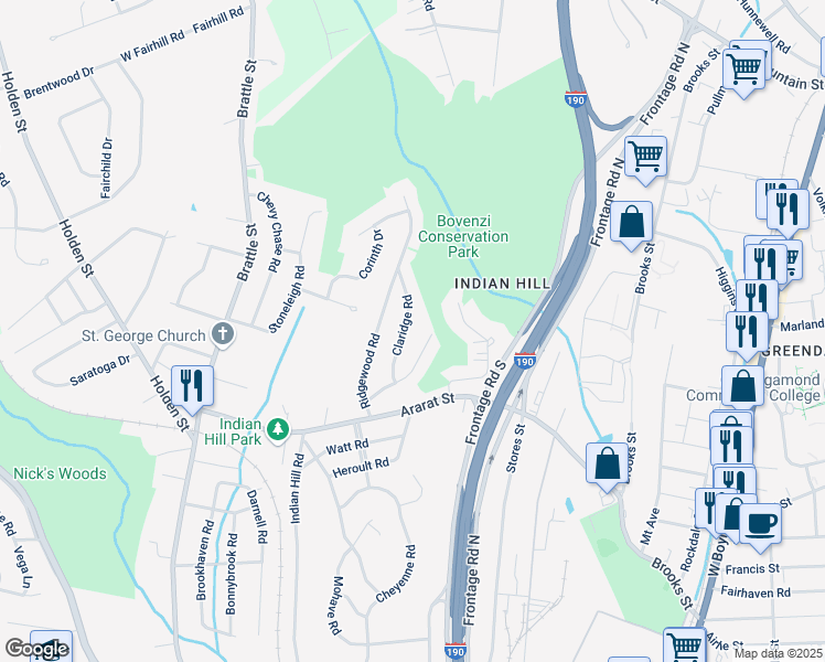map of restaurants, bars, coffee shops, grocery stores, and more near 25 Birch Hill Road in Worcester