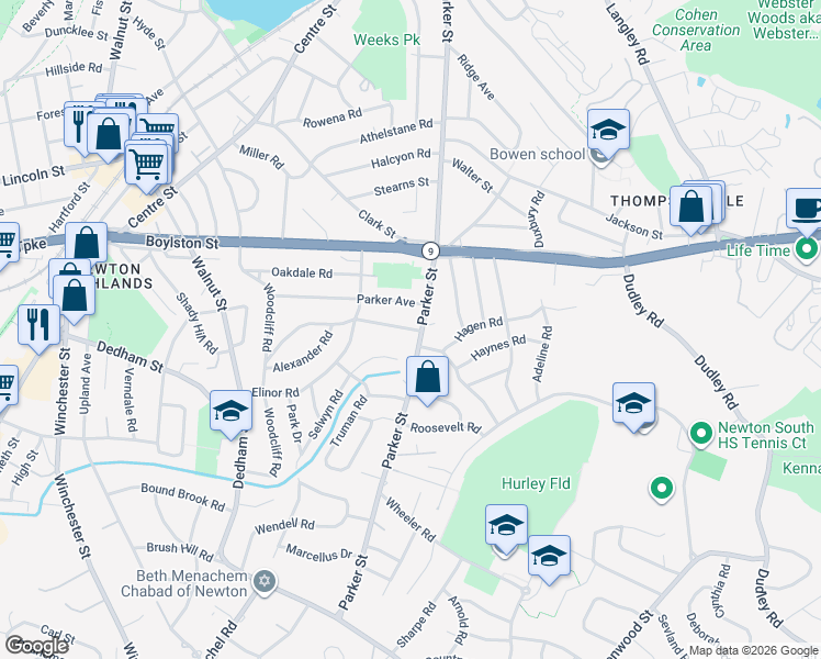 map of restaurants, bars, coffee shops, grocery stores, and more near 18 Kendall Rd in Newton