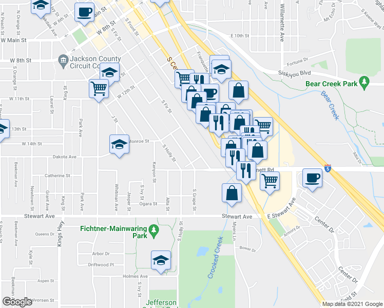 map of restaurants, bars, coffee shops, grocery stores, and more near 753 South Grape Street in Medford