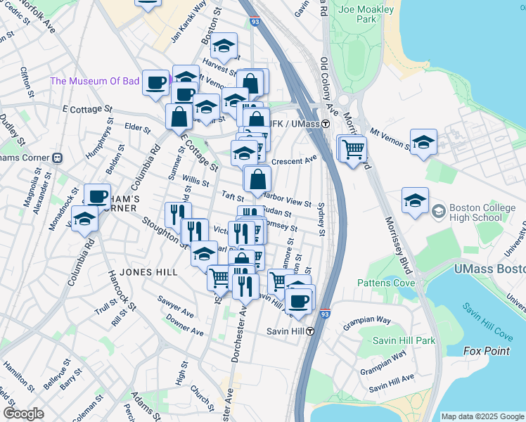 map of restaurants, bars, coffee shops, grocery stores, and more near 7 Sudan Street in Boston