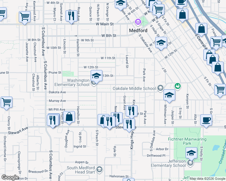 map of restaurants, bars, coffee shops, grocery stores, and more near 749 Dakota Avenue in Medford
