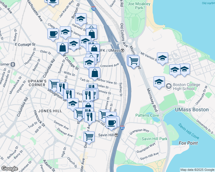 map of restaurants, bars, coffee shops, grocery stores, and more near 35 Sudan Street in Boston