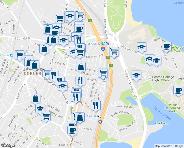 map of restaurants, bars, coffee shops, grocery stores, and more near 35 Sudan Street in Boston