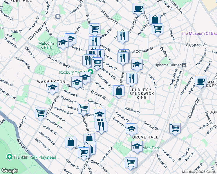 map of restaurants, bars, coffee shops, grocery stores, and more near 32-34 Savin Street in Boston