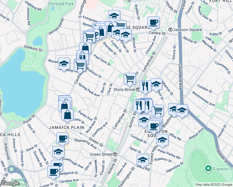 map of restaurants, bars, coffee shops, grocery stores, and more near 80 Spring Park Avenue in Boston