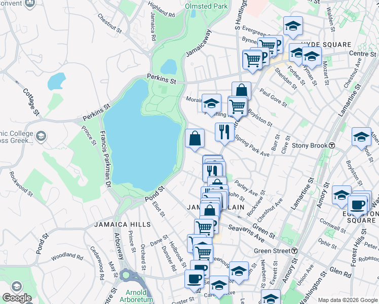 map of restaurants, bars, coffee shops, grocery stores, and more near 478 Jamaicaway in Boston