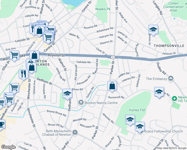 map of restaurants, bars, coffee shops, grocery stores, and more near 115 Elinor Road in Newton