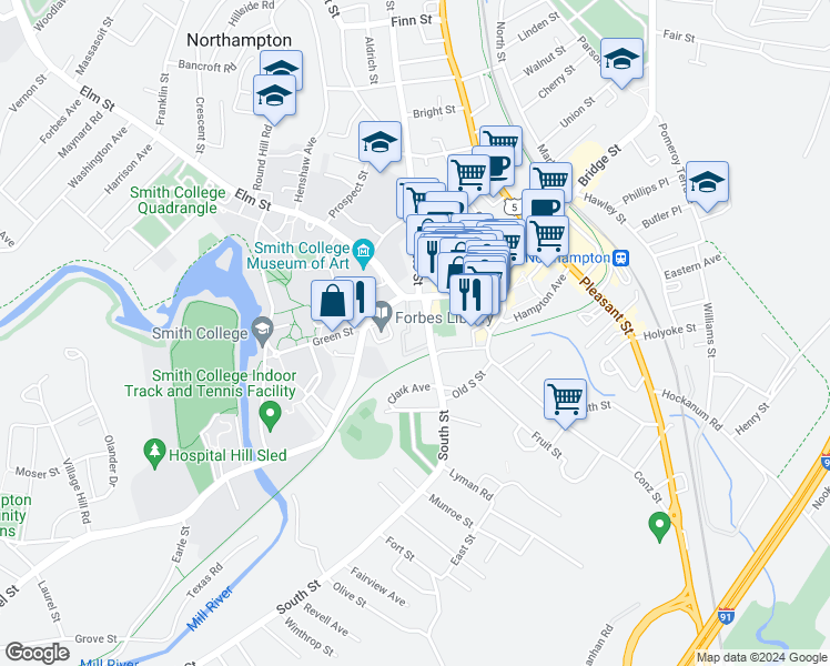 map of restaurants, bars, coffee shops, grocery stores, and more near 35 Massachusetts 10 in Northampton