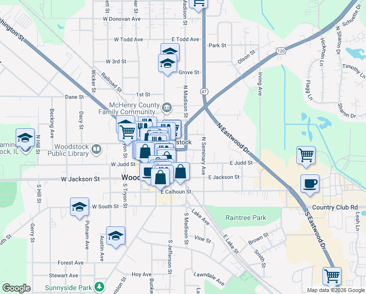 map of restaurants, bars, coffee shops, grocery stores, and more near 28 East Church Street in Woodstock