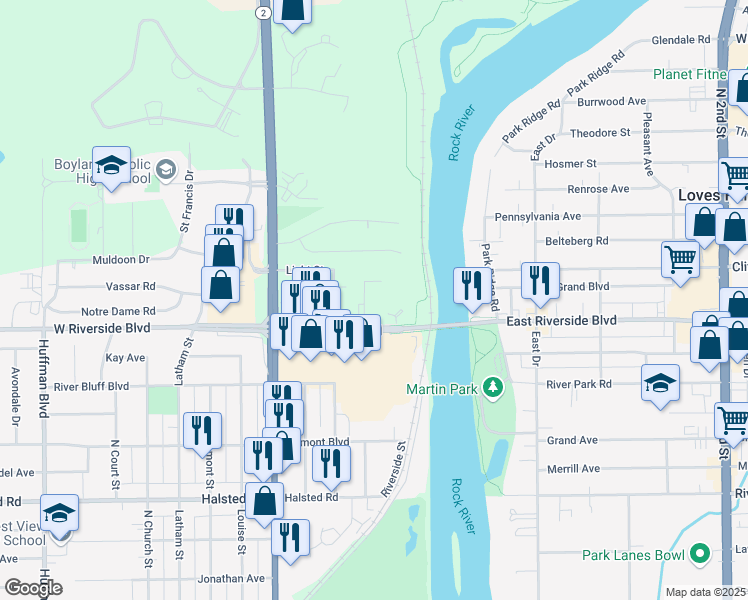map of restaurants, bars, coffee shops, grocery stores, and more near 3795 Trilling Avenue in Rockford