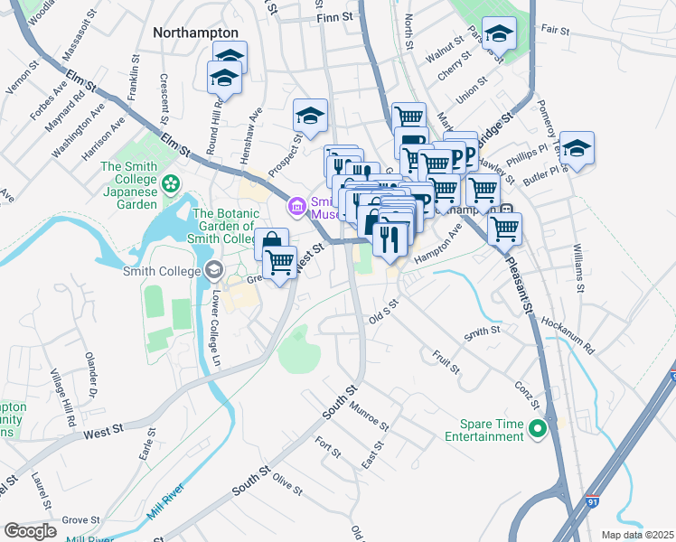 map of restaurants, bars, coffee shops, grocery stores, and more near 17 New South Street in Northampton