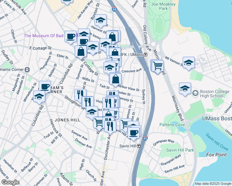 map of restaurants, bars, coffee shops, grocery stores, and more near 3 Sudan Street in Dorchester