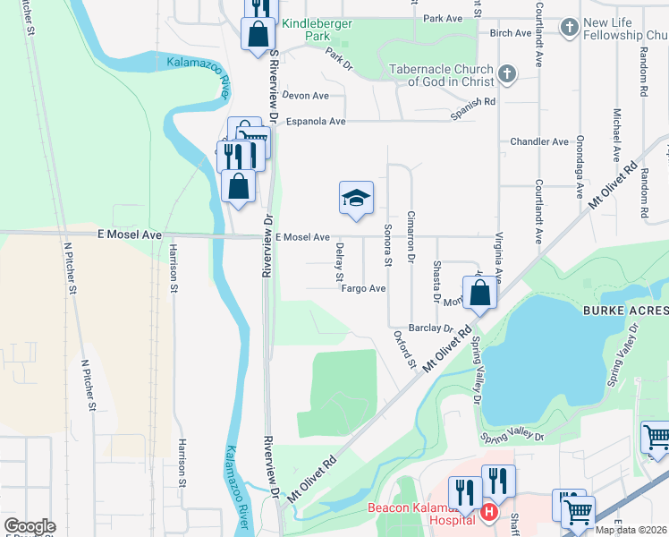 map of restaurants, bars, coffee shops, grocery stores, and more near 1072 Darwood Avenue in Kalamazoo