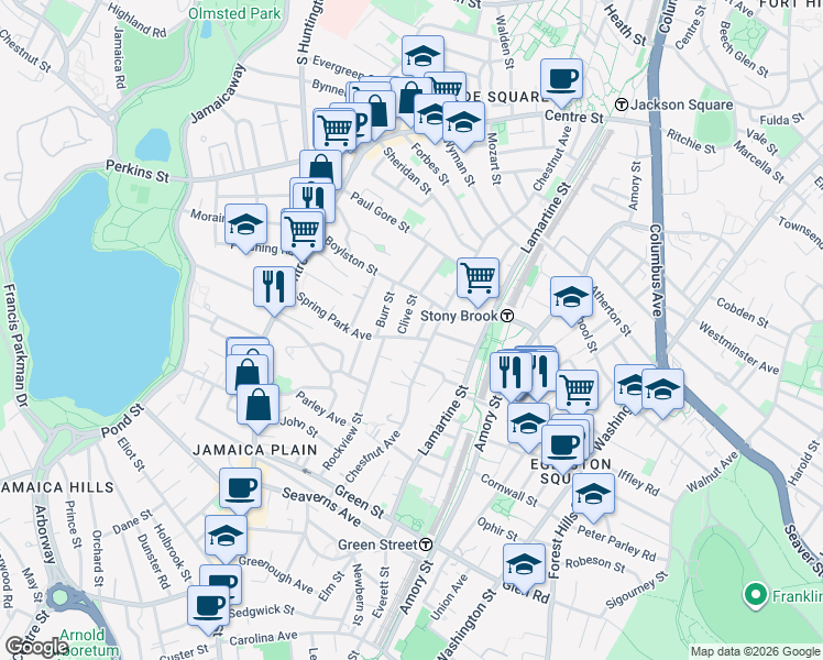map of restaurants, bars, coffee shops, grocery stores, and more near 74 Spring Park Avenue in Boston