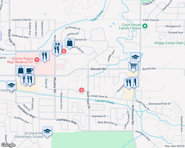 map of restaurants, bars, coffee shops, grocery stores, and more near 713 Golf View Drive in Medford
