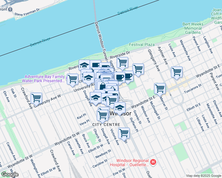 map of restaurants, bars, coffee shops, grocery stores, and more near in Windsor