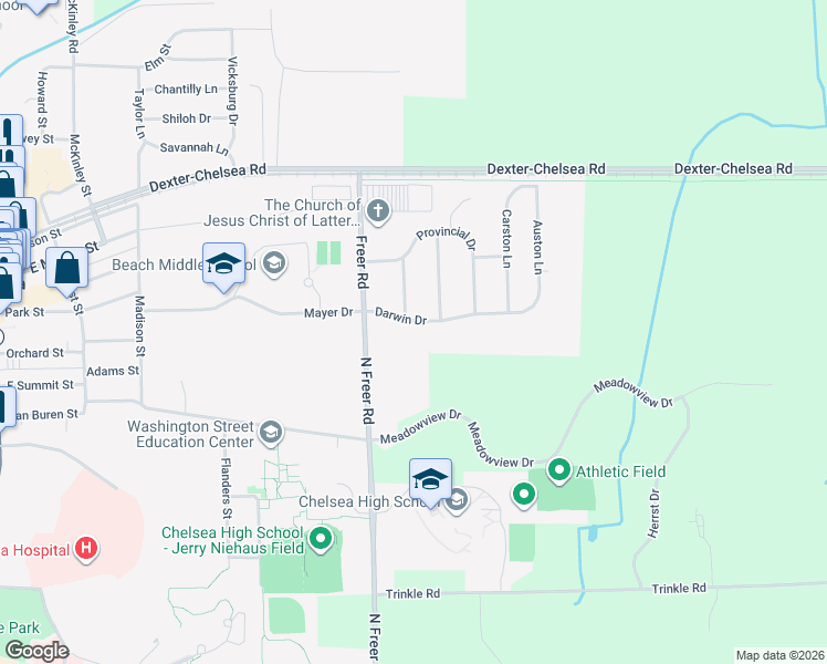 map of restaurants, bars, coffee shops, grocery stores, and more near 740 Darwin Drive in Chelsea