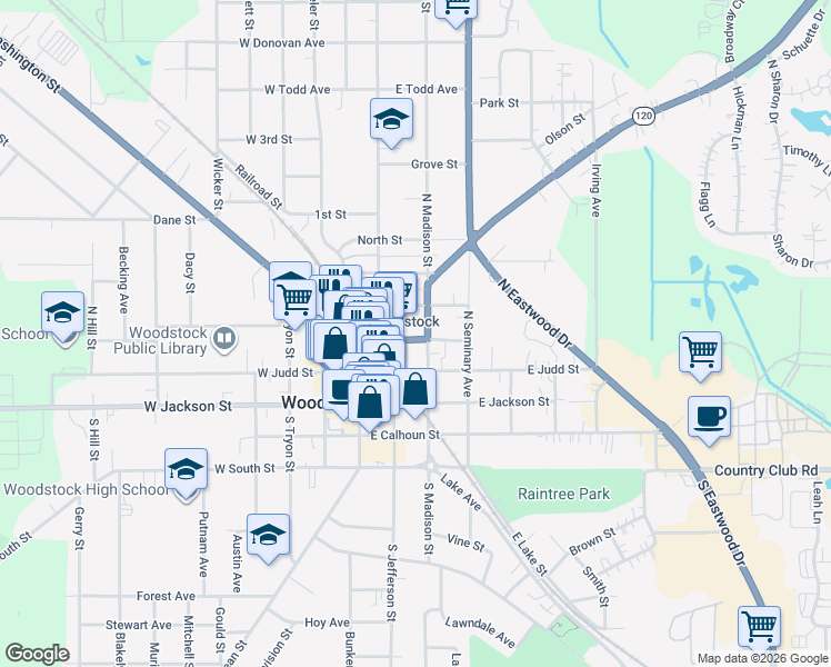 map of restaurants, bars, coffee shops, grocery stores, and more near 28 East Church Street in Woodstock