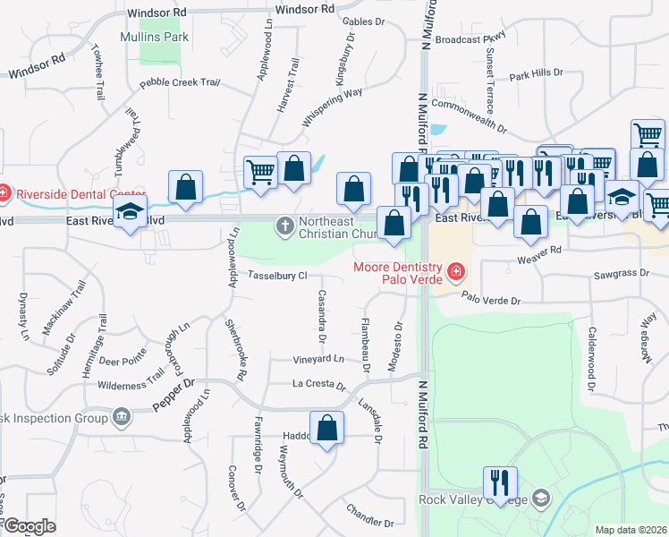 map of restaurants, bars, coffee shops, grocery stores, and more near 5792 Tasselbury Close in Rockford