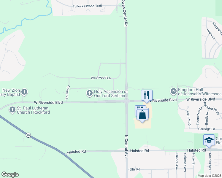 map of restaurants, bars, coffee shops, grocery stores, and more near 4115 Saint Malo Road in Rockford