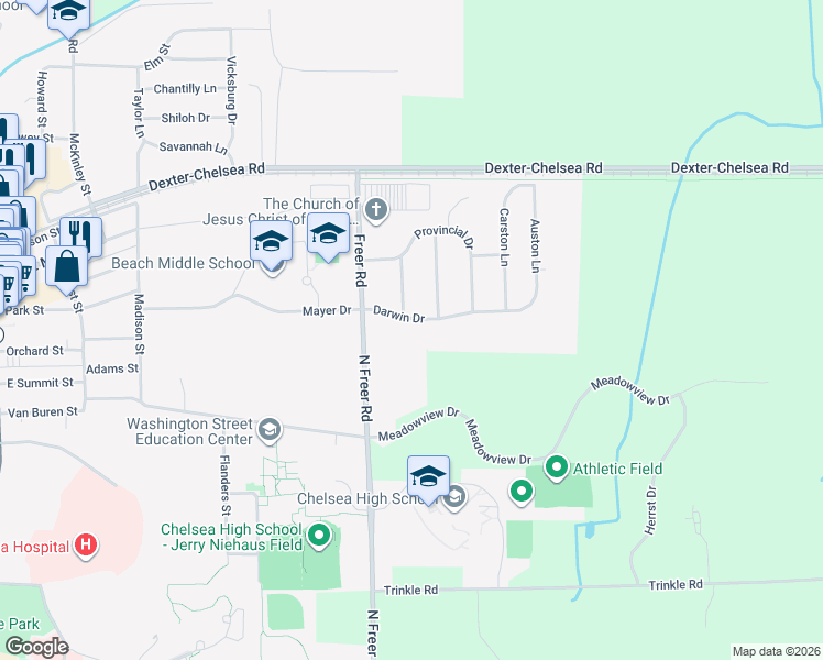 map of restaurants, bars, coffee shops, grocery stores, and more near 740 Darwin Drive in Chelsea