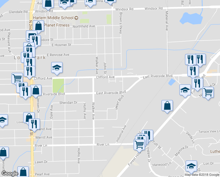 map of restaurants, bars, coffee shops, grocery stores, and more near 926 East Riverside Boulevard in Loves Park