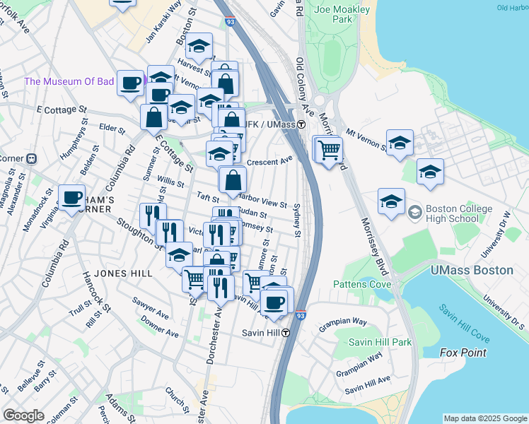 map of restaurants, bars, coffee shops, grocery stores, and more near 35 Sudan Street in Boston
