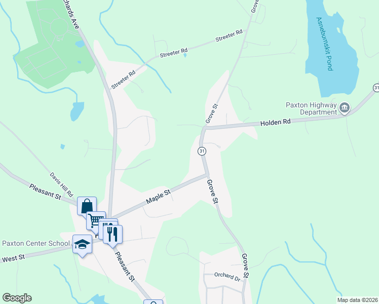 map of restaurants, bars, coffee shops, grocery stores, and more near 207 Grove Street in Paxton