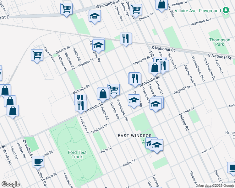 map of restaurants, bars, coffee shops, grocery stores, and more near 1496 Tourangeau Road in Windsor