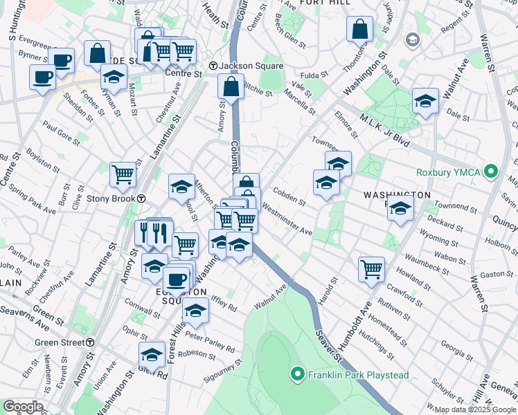 map of restaurants, bars, coffee shops, grocery stores, and more near 3028 Washington Street in Boston