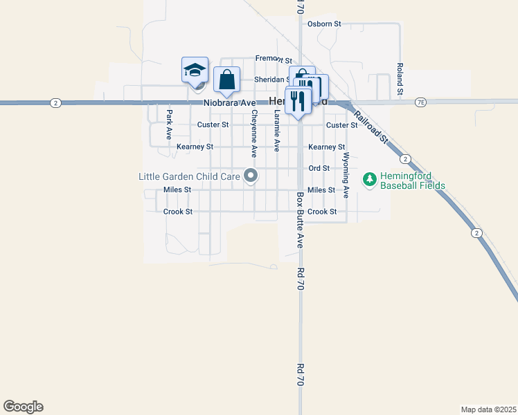 map of restaurants, bars, coffee shops, grocery stores, and more near 301 Cheyenne Avenue in Hemingford