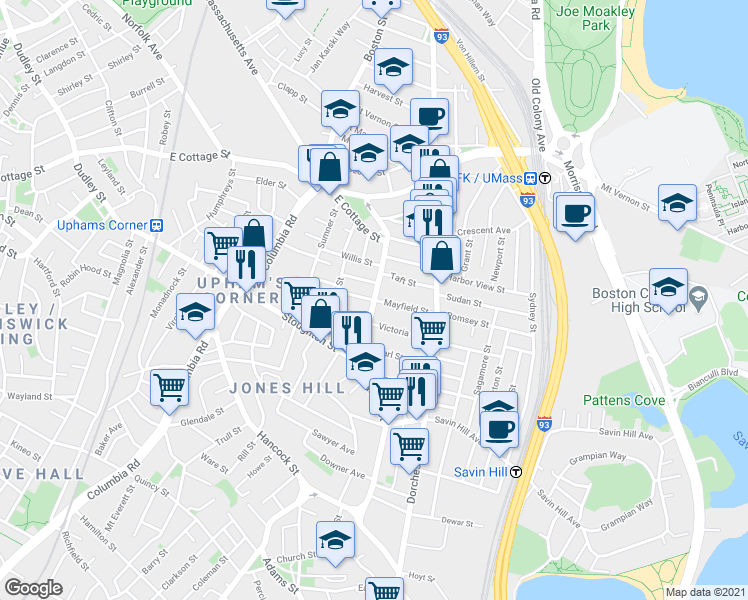 map of restaurants, bars, coffee shops, grocery stores, and more near Pleasant St & Mayfield St in Boston