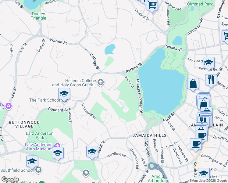 map of restaurants, bars, coffee shops, grocery stores, and more near 50 Goddard Avenue in Brookline